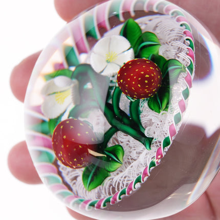 Bob Banford Strawberries with blooms lampwork paperweight