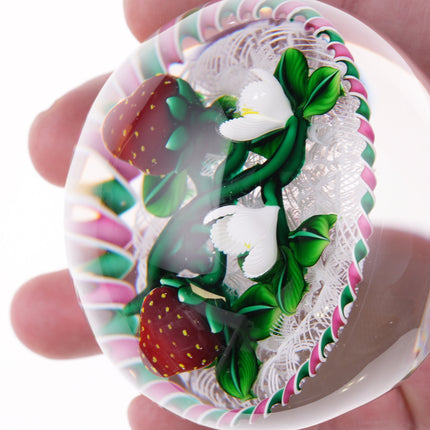 Bob Banford Strawberries with blooms lampwork paperweight