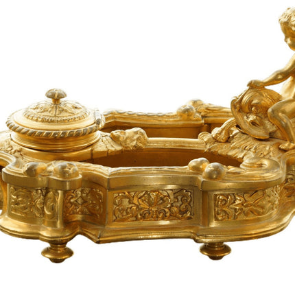 c1850 French Gilt Bronze Inkwell Putto on Fish, over the top