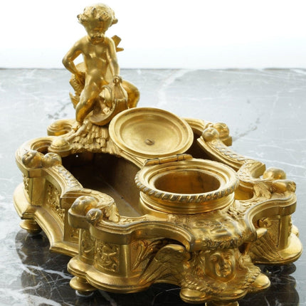 c1850 French Gilt Bronze Inkwell Putto on Fish, over the top