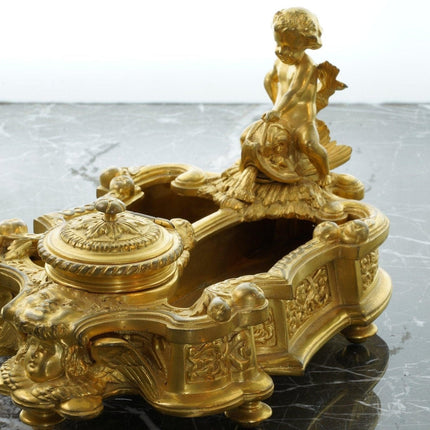 c1850 French Gilt Bronze Inkwell Putto on Fish, over the top