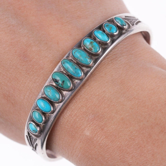 30's-40's Heavy stamped Navajo silver - turquoise row bracelet