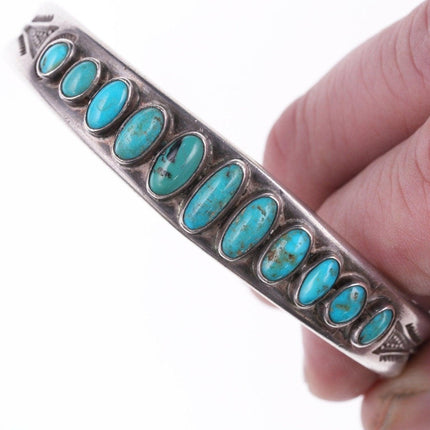 30's-40's Heavy stamped Navajo silver - turquoise row bracelet