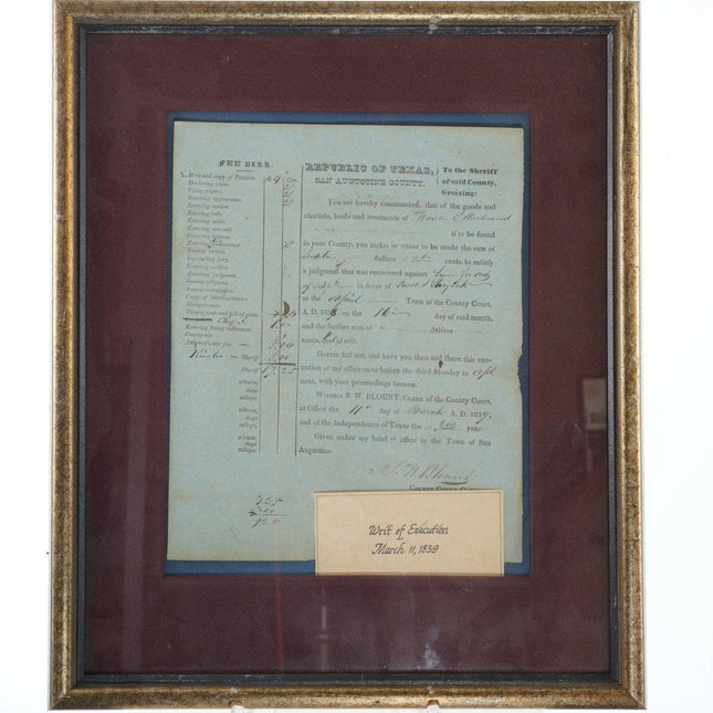 1839 Writ of Execution Republic of Texas signed Stephen William Blount (1808-189