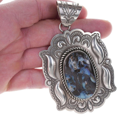 Large Arnold BlackGoat Navajo Stamped Repousse sterling Boulder opal pendant