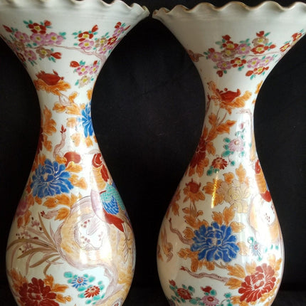 Antique Japanese Signed Kutani Vases Birds of Paradise Huge 15" tall x 6" wide 1
