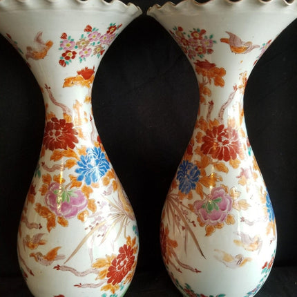 Antique Japanese Signed Kutani Vases Birds of Paradise Huge 15" tall x 6" wide 1