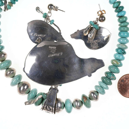 Ernest Benally Sterling/Turquoise Navajo Bear Micro inlay necklace/earrings