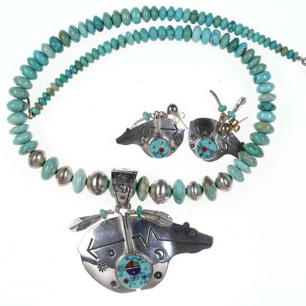 Ernest Benally Sterling/Turquoise Navajo Bear Micro inlay necklace/earrings