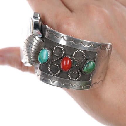 7" Vintage Navajo silver, turquoise, and coral watch cuff with working Hamilton