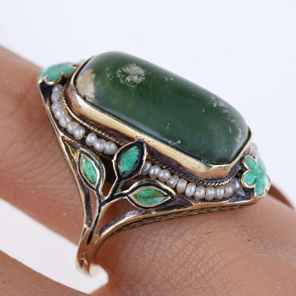 sz5.5 Estate Art Deco 14k Gold Emaille Jade und Saatperlen Ring