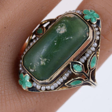 sz5.5 Estate Art Deco 14k Gold Emaille Jade und Saatperlen Ring