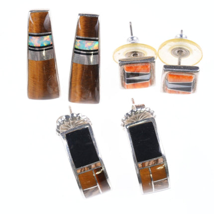 3 件 Marie Tsosie 納瓦霍和其他純銀多寶石槽形鑲嵌耳環