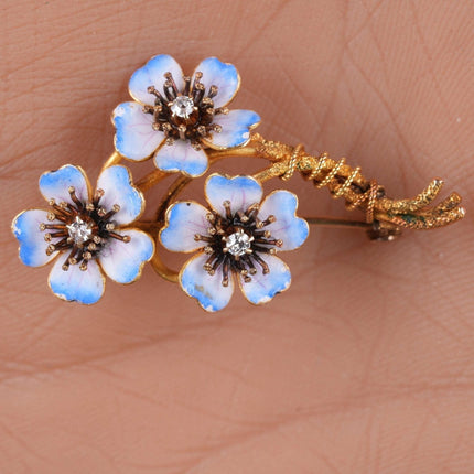 c1910 Antique Diamond 10k Enamel Flower pin