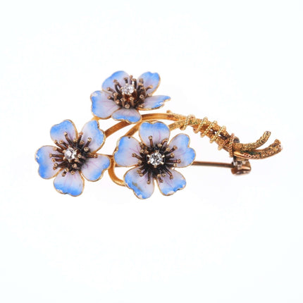 c1910 Antique Diamond 10k Enamel Flower pin