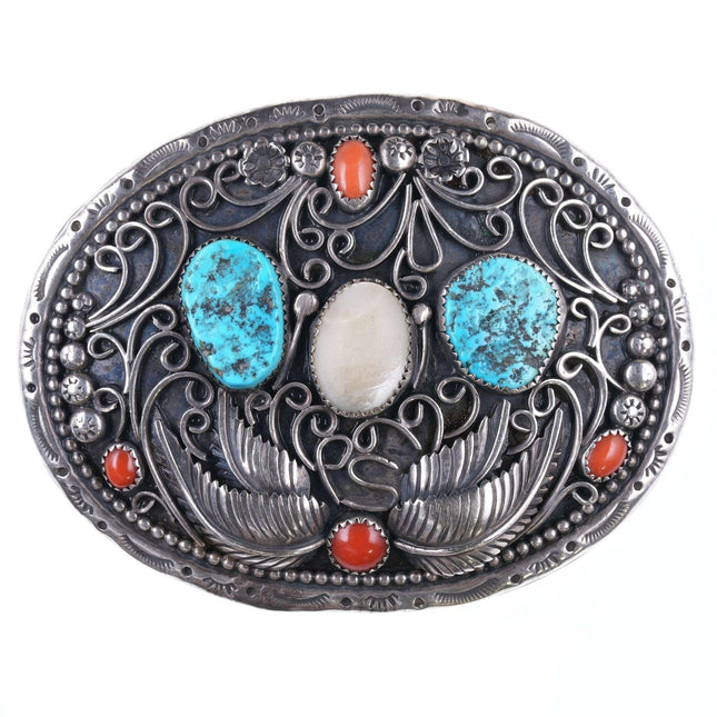Patriotic Vintage Navajo Sterling, Turquoise, Coral, and Shell belt buckle