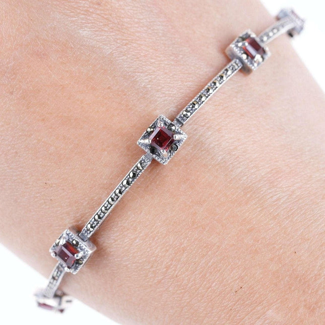 Vintage 7.5" Sterling garnet and marcasite bracelet