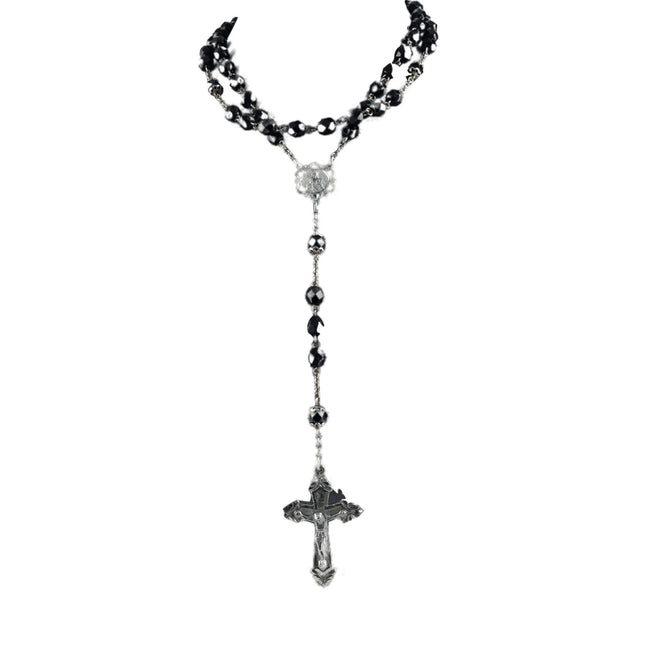 Vintage Sterling Rosary with Black Crystal beads