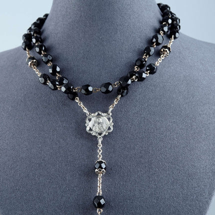 Vintage Sterling Rosary with Black Crystal beads