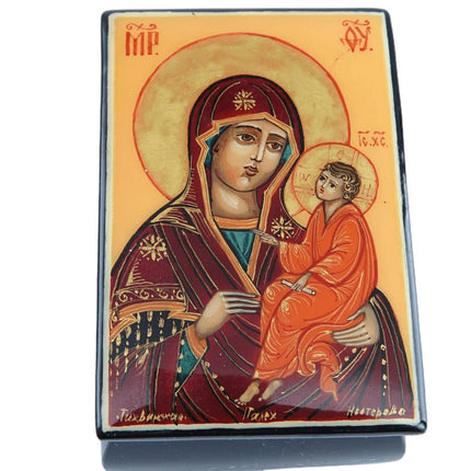 Russian Fedoskino Lacquer Trinket Box Madonna and Child Artist Signed
