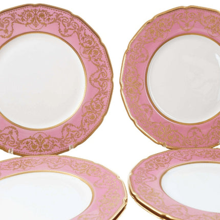 Royal Doulton Hand Painted Raised Gold Dinner Plate Set (6) with pink borders