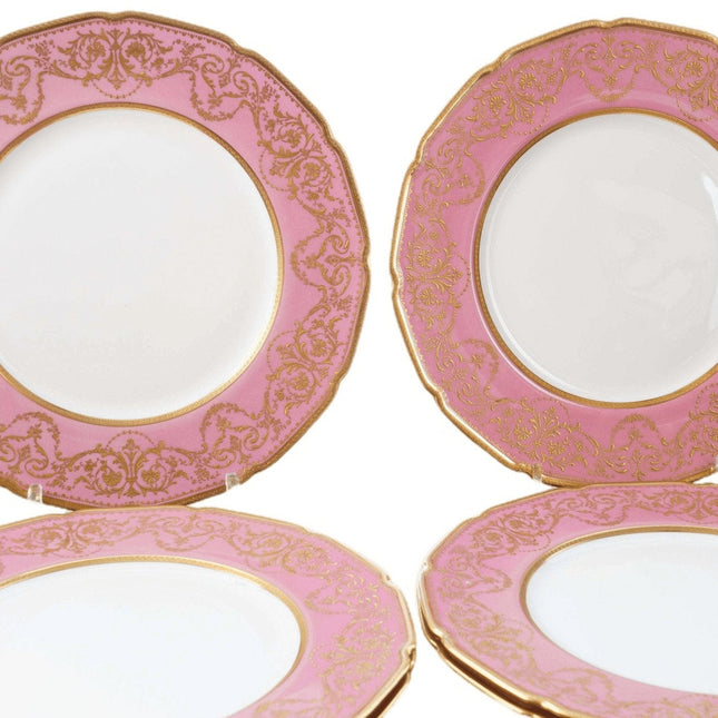 Royal Doulton Hand Painted Raised Gold Dinner Plate Set (6) with pink borders