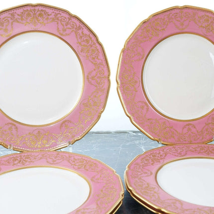 Royal Doulton Hand Painted Raised Gold Dinner Plate Set (6) with pink borders