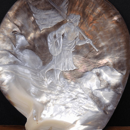 Antique Carved Abalone Shell with farmer Woman