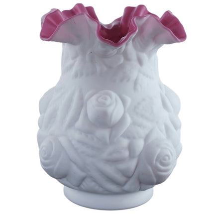 Large 1960's Fenton Puffy Rose Cranberry Satin Cased milk glass vase