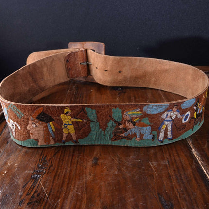 c1950 26-31" Leather Belt with Cowboys and Indians Native American?  Ideal