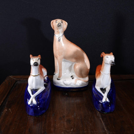 c1860 Stafforshire Whippet Inkwells and Figure group