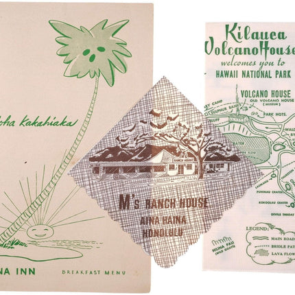 c1952 Hawaiian Islands Kona Inn Menu Vintage Restaurant napkins Kilauea Volcano