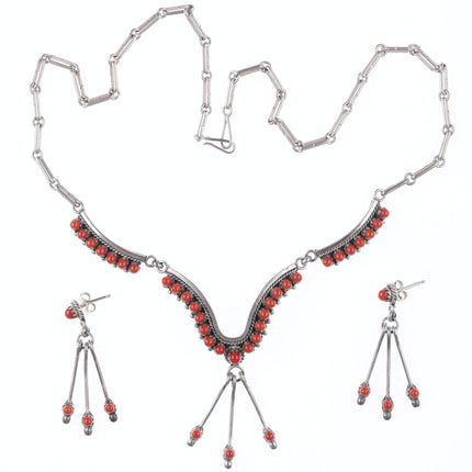 1980's Zuni Mediterannean Coral Snake Eye Sterling necklace and earrings set by