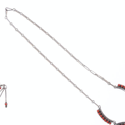 1980 年代のズニ族地中海コーラル スネークアイ スターリング ネックレスとイヤリング セット by G エリアチョ
