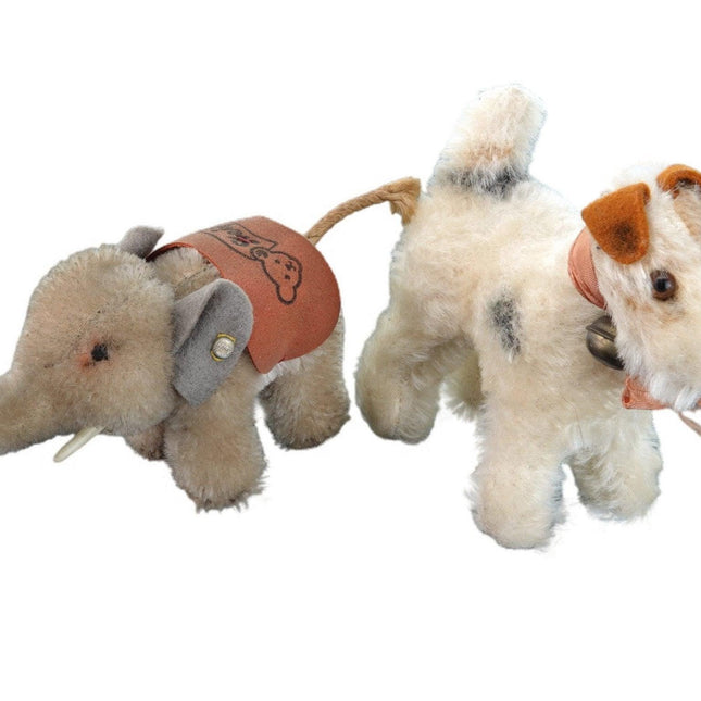 2 Steiff Mohair Miniaturen Elefant und Hund aus den 1950er Jahren