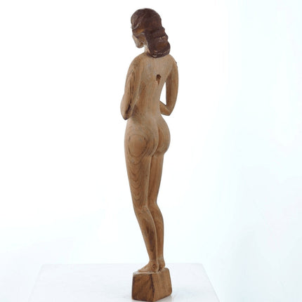 Antike geschnitzte Volkskunst-Skulptur einer nackten Frau aus Holz