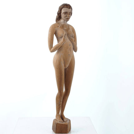 Antike geschnitzte Volkskunst-Skulptur einer nackten Frau aus Holz