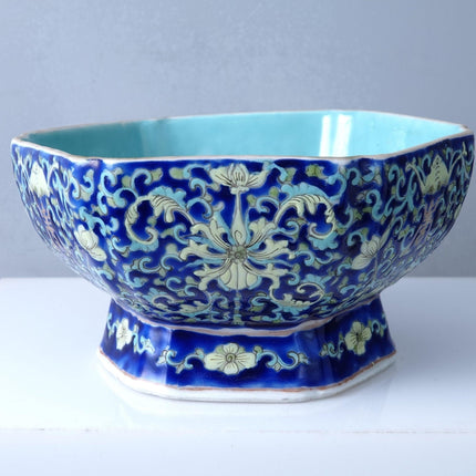 Antique Chinese Bowl Famille Rose Cobalt Blue Bats