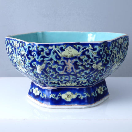 Antique Chinese Bowl Famille Rose Cobalt Blue Bats