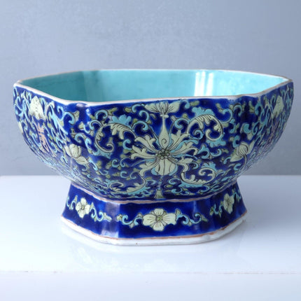 Antique Chinese Bowl Famille Rose Cobalt Blue Bats