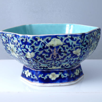 Antique Chinese Bowl Famille Rose Cobalt Blue Bats