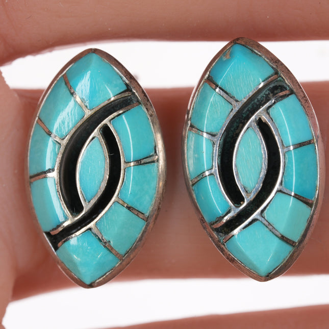 Vintage Zuni Silver channel inlay turquoise hummingbird earrings