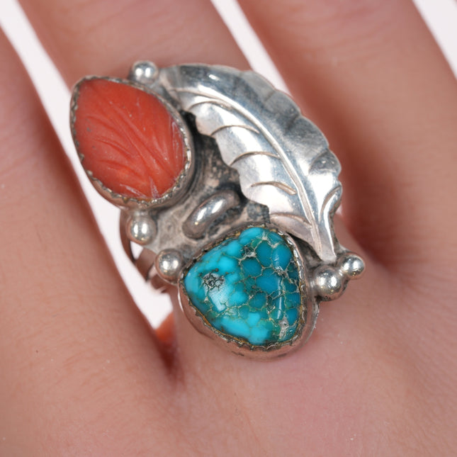 sz9 Vintage Zuni silver, carved coral and turquoise ring