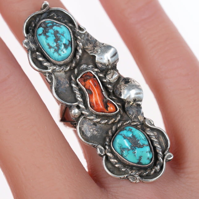 sz6 Vintage FL Native American silver, turquoise, and coral long ring