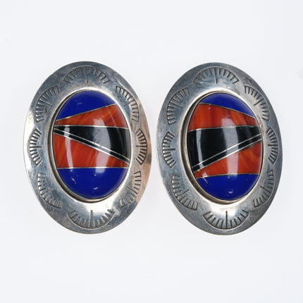 Large Retro southwestern sterling channel inlay stone Clip-on earrings