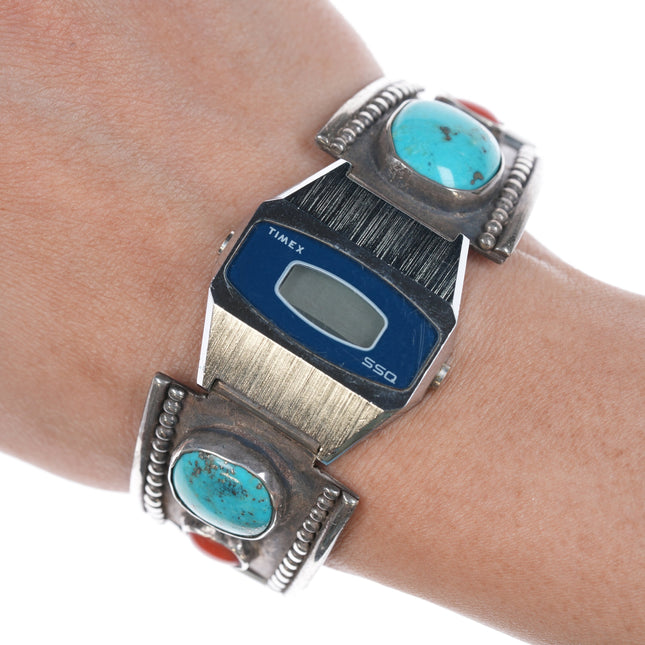 6 5/8"+ Navajo silver/toruquoise/coral watch tips w/ Timex SSQ Digital