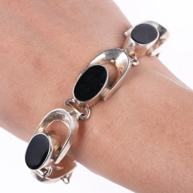 7" Retro Modernist mexican sterling and onyx bracelet