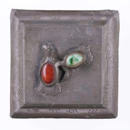 c1900 Antique Chinese Republic period carnelian and jade set pewter box