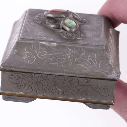 c1900 Antique Chinese Republic period carnelian and jade set pewter box