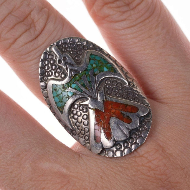 sz 7,5 Vintage Indianer Sterling Chip Inlay Peyote Vogel Ring